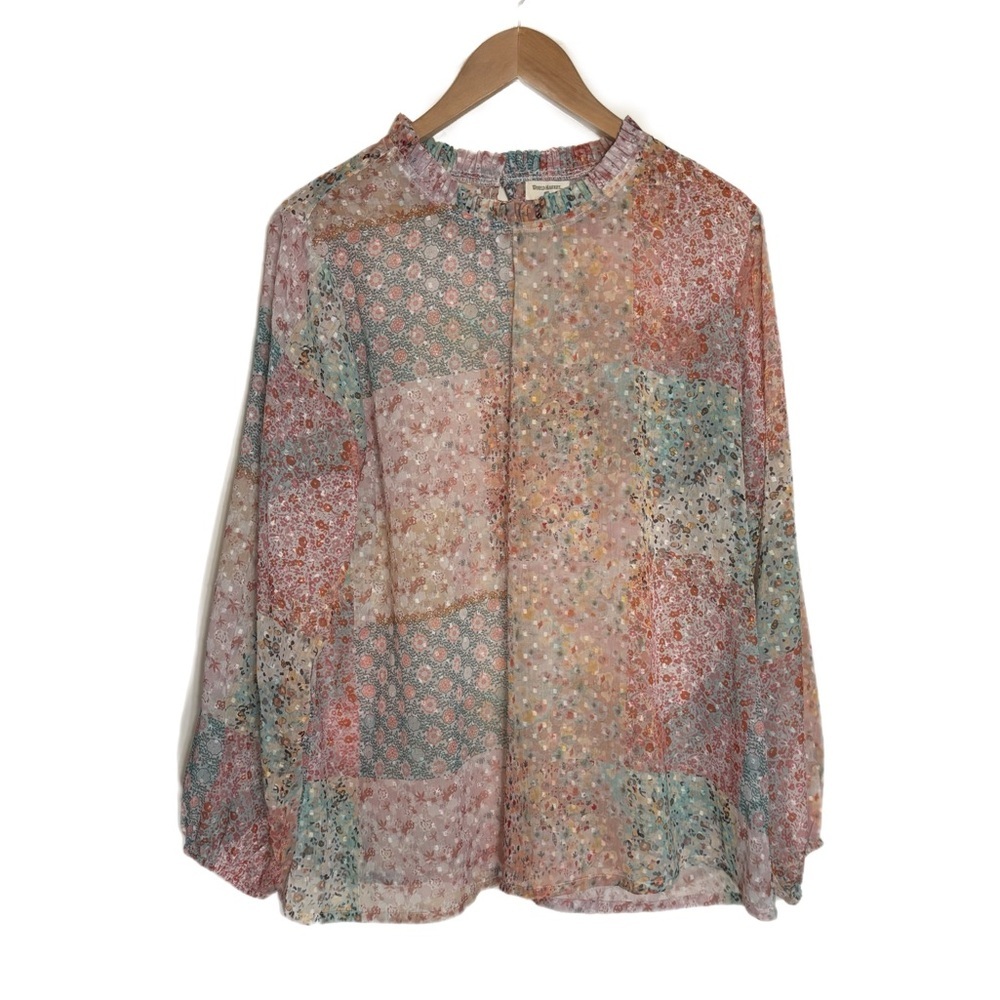 World Market pastel patchwork print sheer long sleeve top w/ pleated collar